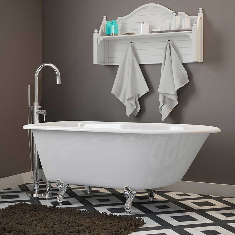 Cambridge Plumbing Cast-Iron Rolled Rim Clawfoot Tub 55" X 30" with No Faucet Drillings and Polished Chrome Feet