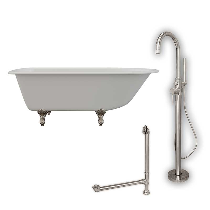 Cambridge Plumbing Cast-Iron Rolled Rim Clawfoot Tub 61" X 30" with no Faucet Drillings and Complete Brushed Nickel Modern Freestanding Tub Filler with Hand Held Shower Assembly Plumbing Package