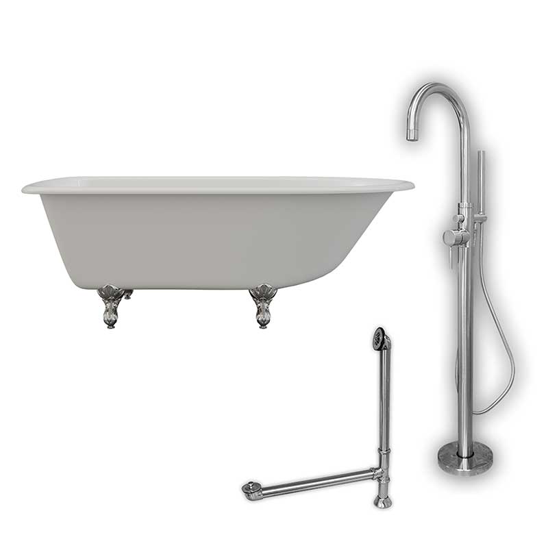 Cambridge Plumbing Cast-Iron Rolled Rim Clawfoot Tub 61" X 30" with no Faucet Drillings and Complete Polished Chrome Modern Freestanding Tub Filler with Hand Held Shower Assembly Plumbing Package