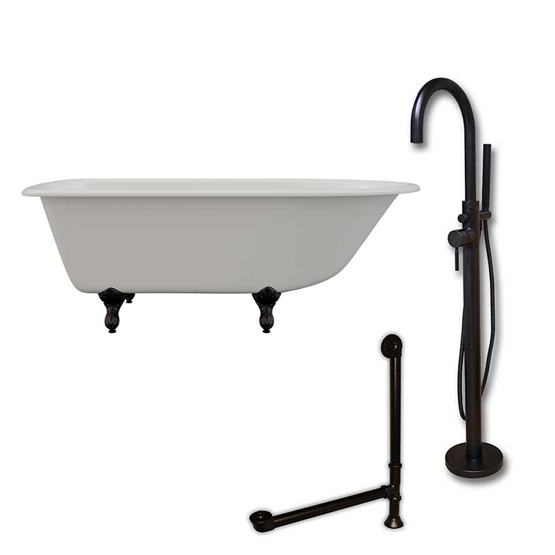 Cambridge Plumbing Cast-Iron Rolled Rim Clawfoot Tub 61" X 30" with no Faucet Drillings and Complete Oil Rubbed Bronze Modern Freestanding Tub Filler with Hand Held Shower Assembly Plumbing Package