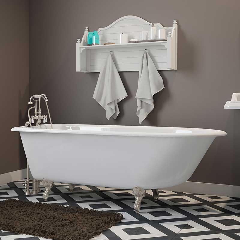Cambridge Plumbing Cast-Iron Rolled Rim Clawfoot Tub 61" X 30" with 3 3/8" Bathtub Wall Faucet Drillings and Brushed Nickel Feet