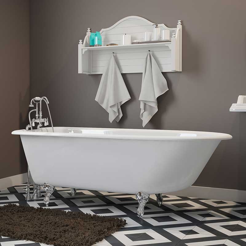 Cambridge Plumbing Cast-Iron Rolled Rim Clawfoot Tub 61" X 30" with 3 3/8" Bathtub Wall Faucet Drillings and Polished Chrome Feet