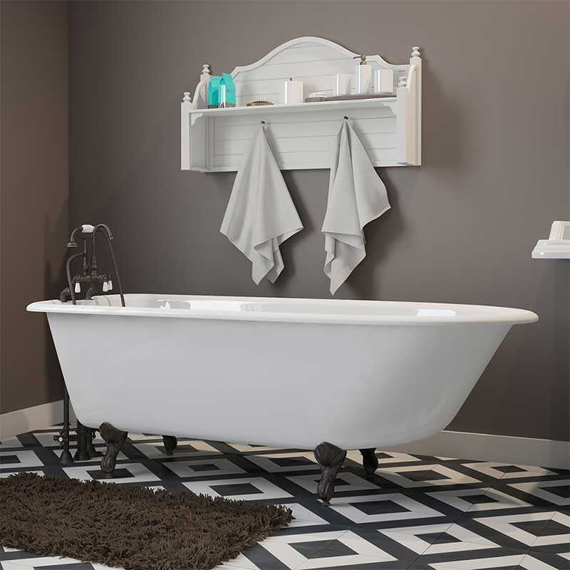 Cambridge Plumbing Cast-Iron Rolled Rim Clawfoot Tub 61" X 30" with 3 3/8" Bathtub Wall Faucet Drillings and Oil Rubbed Bronze Feet