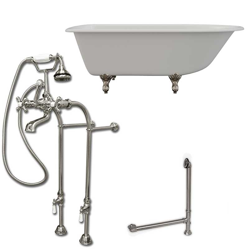 Cambridge Plumbing Cast-Iron Rolled Rim Clawfoot Tub 61" X 30" with complete Free Standing British Telephone Faucet and Hand Held Shower Brushed Nickel Plumbing Package