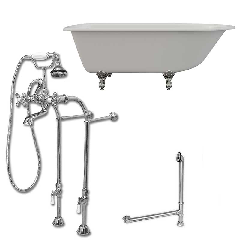 Cambridge Plumbing Cast-Iron Rolled Rim Clawfoot Tub 61" X 30" with complete Free Standing British Telephone Faucet and Hand Held Shower Polished Chrome Plumbing Package