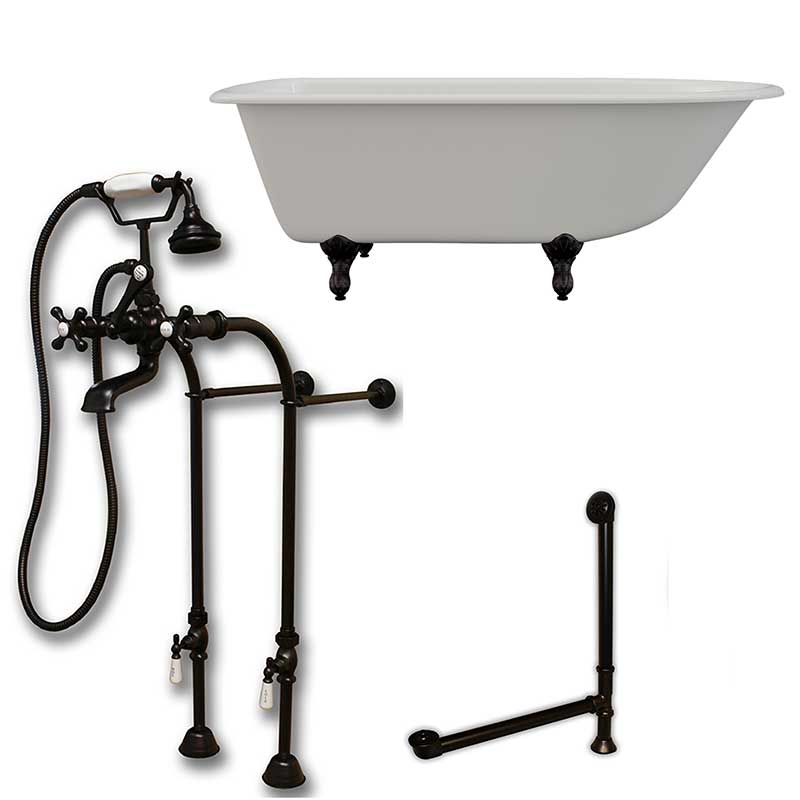 Cambridge Plumbing Cast-Iron Rolled Rim Clawfoot Tub 61" X 30" with complete Free Standing British Telephone Faucet and Hand Held Shower Oil Rubbed Bronze Plumbing Package