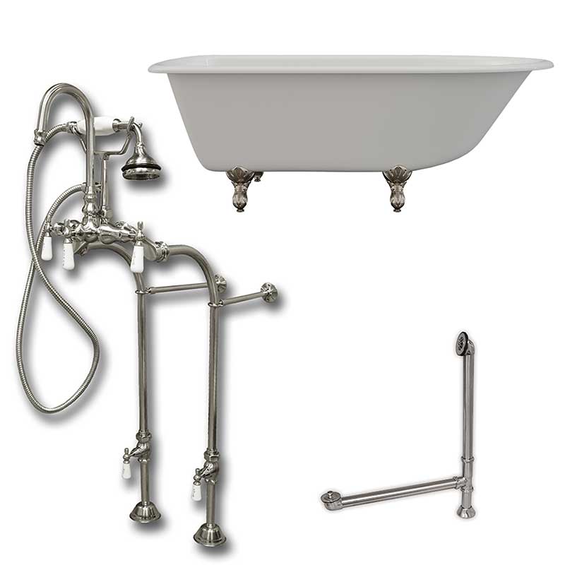 Cambridge Plumbing Cast-Iron Rolled Rim Clawfoot Tub 61" X 30" with no Faucet Drillings and Complete Brushed Nickel Free Standing English Telephone Style Faucet with Hand Held Shower Assembly Plumbing Package