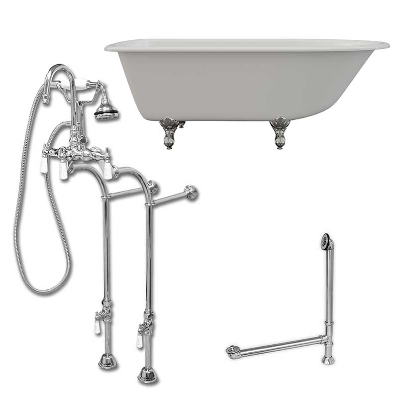Cambridge Plumbing Cast-Iron Rolled Rim Clawfoot Tub 61" X 30" with no Faucet Drillings and Complete Polished Chrome Free Standing English Telephone Style Faucet with Hand Held Shower Assembly Plumbing Package