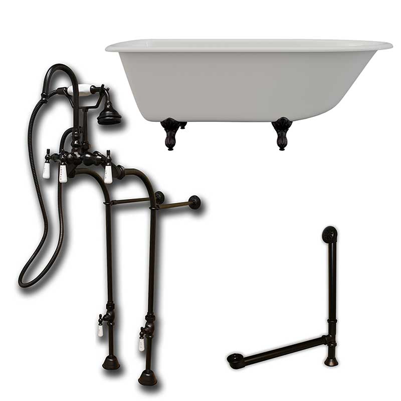 Cambridge Plumbing Cast-Iron Rolled Rim Clawfoot Tub 61" X 30" with no Faucet Drillings and Complete Oil Rubbed Bronze Free Standing English Telephone Style Faucet with Hand Held Shower Assembly Plumbing Package