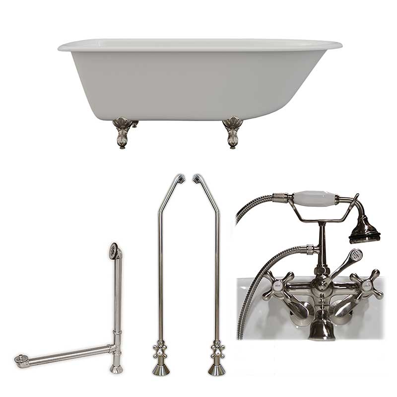 Cambridge Plumbing Cast-Iron Rolled Rim Clawfoot Tub 61" X 30" with 3 3/8" Bathtub Wall Faucet Drillings and British Telephone Style Faucet Complete Brushed Nickel Plumbing Package