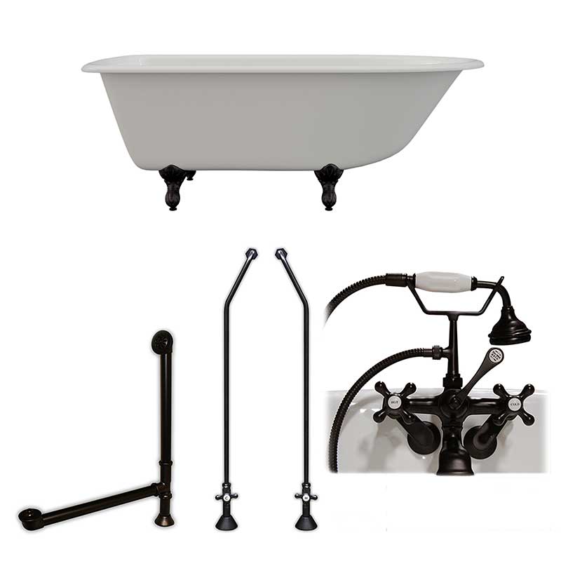 Cambridge Plumbing Cast-Iron Rolled Rim Clawfoot Tub 61" X 30" with 3 3/8" Bathtub Wall Faucet Drillings and British Telephone Style Faucet Complete Oil Rubbed Bronze Plumbing Package