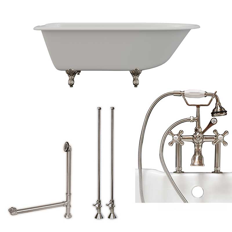 Cambridge Plumbing Cast-Iron Rolled Rim Clawfoot Tub 61" X 30" with 7" Deck Mount Faucet Drillings And British Telephone Style Faucet Complete Brushed Nickel Plumbing Package With Six Inch Deck Mount Risers