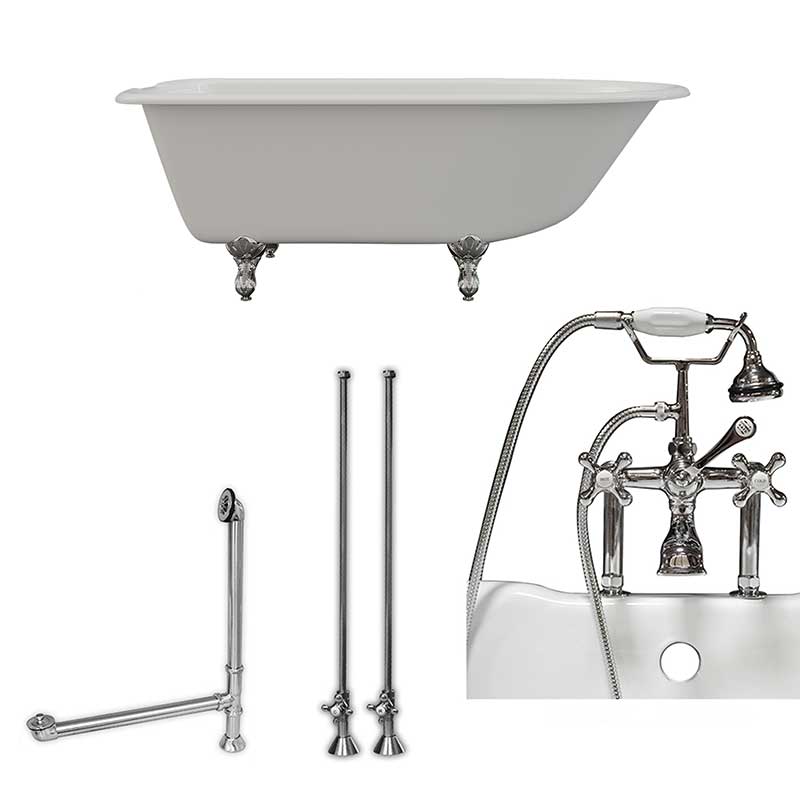 Cambridge Plumbing Cast-Iron Rolled Rim Clawfoot Tub 61" X 30" with 7" Deck Mount Faucet Drillings And British Telephone Style Faucet Complete Polished Chrome Plumbing Package With Six Inch Deck Mount Risers