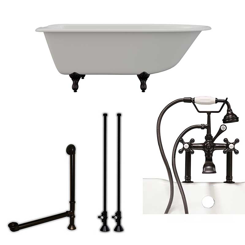 Cambridge Plumbing Cast-Iron Rolled Rim Clawfoot Tub 61" X 30" with 7" Deck Mount Faucet Drillings And British Telephone Style Faucet Complete Oil Rubbed Bronze Plumbing Package With Six Inch Deck Mount Risers