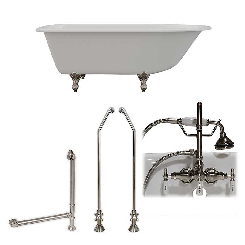 Cambridge Plumbing Cast-Iron Rolled Rim Clawfoot Tub 61" X 30" with 3 3/8" Bathtub Wall Faucet Drillings and English Telephone Style Faucet Complete Brushed Nickel Plumbing Package