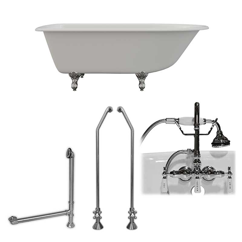Cambridge Plumbing Cast-Iron Rolled Rim Clawfoot Tub 61" X 30" with 3 3/8" Bathtub Wall Faucet Drillings and English Telephone Style Faucet Complete Polished Chrome Plumbing Package