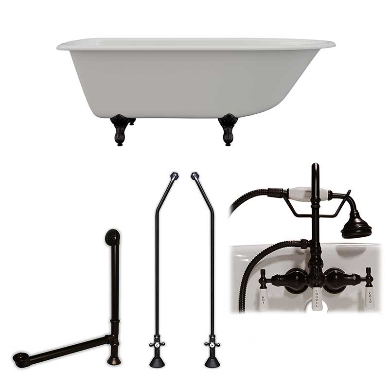 Cambridge Plumbing Cast-Iron Rolled Rim Clawfoot Tub 61" X 30" with 3 3/8"Bathtub Wall Faucet Drillings and English Telephone Style Faucet Complete Oil Rubbed Bronze Plumbing Package