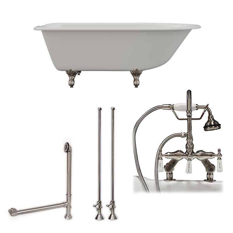 Cambridge Plumbing Cast-Iron Rolled Rim Clawfoot Tub 61" X 30" with 7" Deck Mount Faucet Drillings and English Telephone Style Faucet Complete Brushed Nickel Plumbing Package