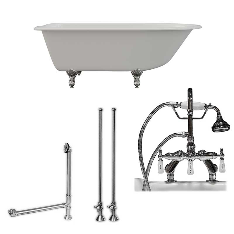 Cambridge Plumbing Cast-Iron Rolled Rim Clawfoot Tub 61" X 30" with 7" Deck Mount Faucet Drillings and English Telephone Style Faucet Complete Polished Chrome Plumbing Package