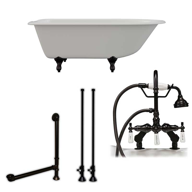 Cambridge Plumbing Cast-Iron Rolled Rim Clawfoot Tub 61" X 30" with 7" Deck Mount Faucet Drillings and English Telephone Style Faucet Complete Oil Rubbed Bronze Plumbing Package