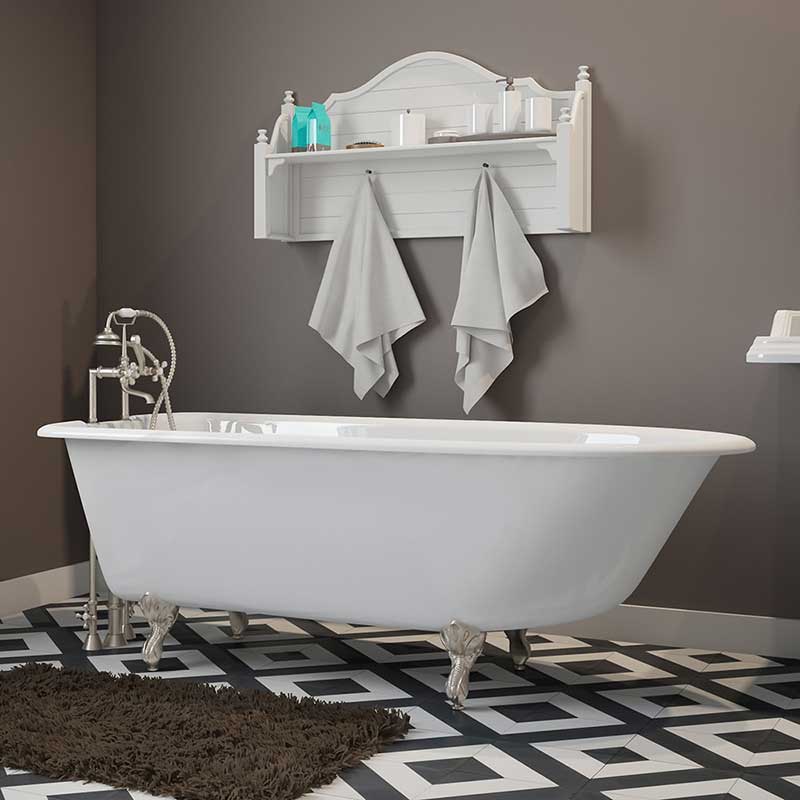 Cambridge Plumbing Cast-Iron Rolled Rim Clawfoot Tub 61" X 30" with 7" Deck Mount Faucet Drillings and Brushed Nickel Feet