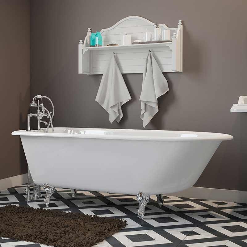 Cambridge Plumbing Cast-Iron Rolled Rim Clawfoot Tub 61" X 30" with 7" Deck Mount Faucet Drillings and Polished Chrome Feet