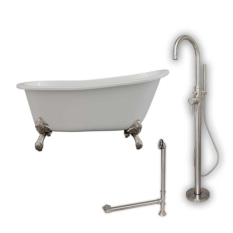 Cambridge Plumbing Cast Iron Slipper Clawfoot Tub 61" X 30" with no Faucet Drillings and Complete Brushed Nickel Modern Freestanding Tub Filler with Hand Held Shower Assembly Plumbing Package