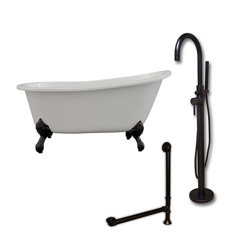 Cambridge Plumbing Cast Iron Slipper Clawfoot Tub 61" X 30" with no Faucet Drillings and Complete Oil Rubbed Bronze Modern Freestanding Tub Filler with Hand Held Shower Assembly Plumbing Package