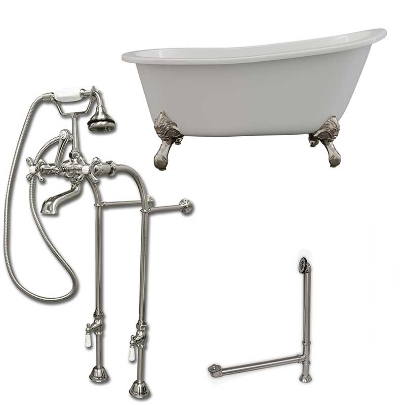 Cambridge Plumbing Cast Iron Slipper Clawfoot Tub 61" X 30" with No Faucet Drillings and Complete Free Standing British Telephone Faucet and Hand Held Shower Brushed Nickel Package