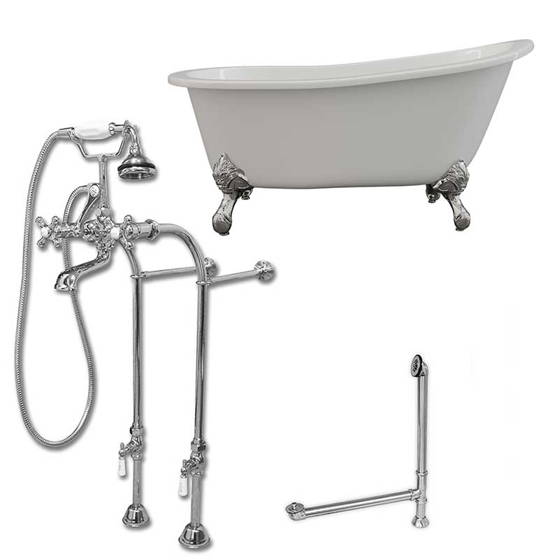 Cambridge Plumbing Cast Iron Slipper Clawfoot Tub 61" X 30" with No Faucet Drillings and Complete Free Standing British Telephone Faucet and Hand Held Shower Polished Chrome Package