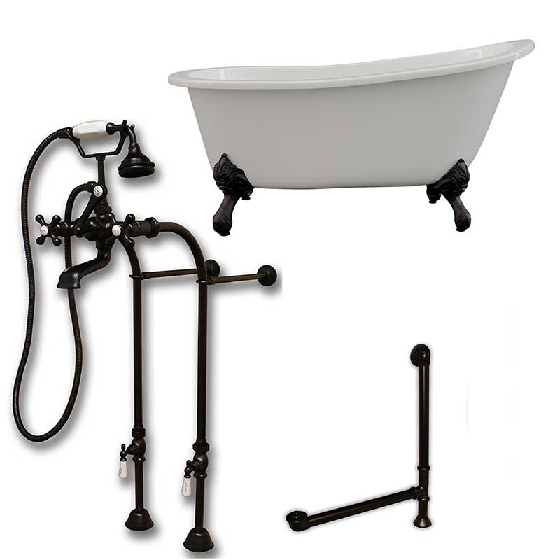 Cambridge Plumbing Cast Iron Slipper Clawfoot Tub 61" X 30" with No Faucet Drillings and Complete Free Standing British Telephone Faucet and Hand Held Shower Oil Rubbed Bronze Package