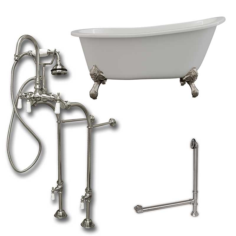 Cambridge Plumbing Cast Iron Slipper Clawfoot Tub 61" X 30" with no Faucet Drillings and Complete Brushed Nickel Free Standing English Telephone Style Faucet with Hand Held Shower Assembly Plumbing Package