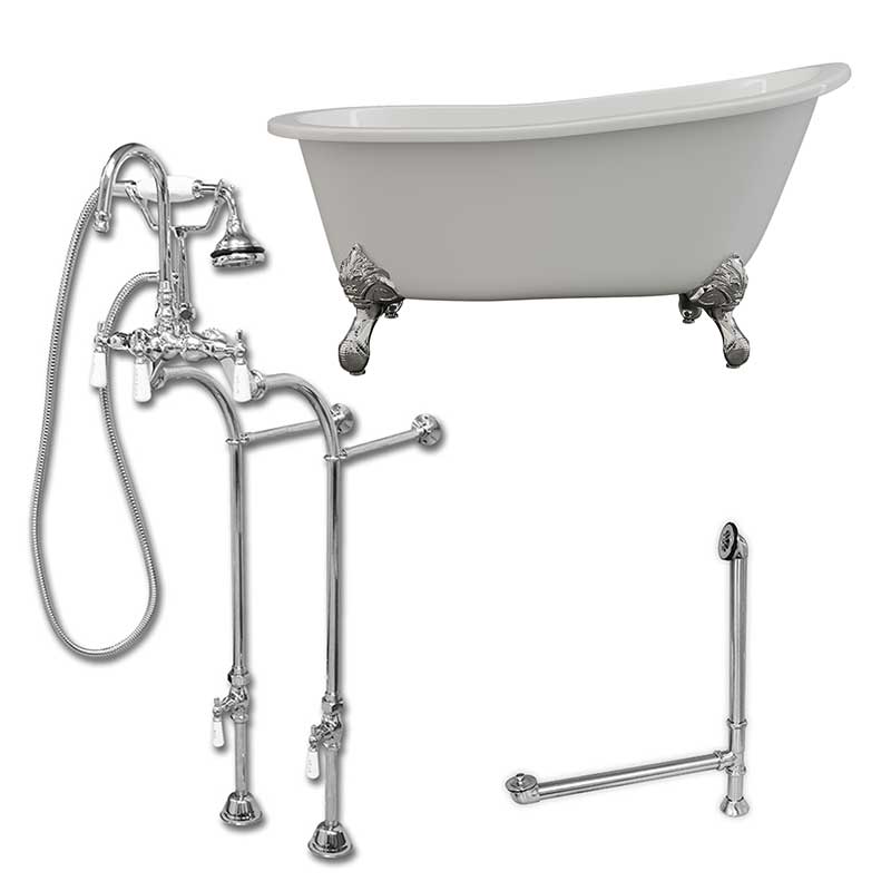 Cambridge Plumbing Cast Iron Slipper Clawfoot Tub 61" X 30" with no Faucet Drillings and Complete Polished Chrome Free Standing English Telephone Style Faucet with Hand Held Shower Assembly Plumbing Package