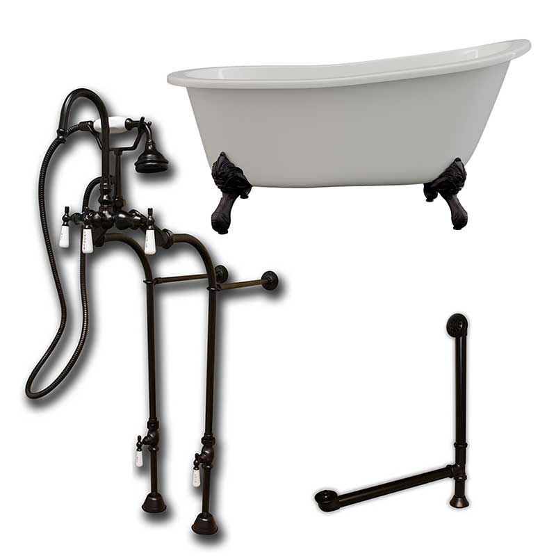 Cambridge Plumbing Cast Iron Slipper Clawfoot Tub 61" X 30" with no Faucet Drillings and Complete Oil Rubbed Bronze Free Standing English Telephone Style Faucet with Hand Held Shower Assembly Plumbing Package