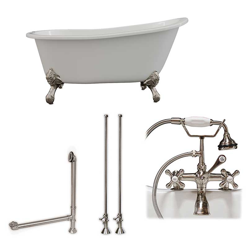 Cambridge Plumbing Cast Iron Slipper Clawfoot Tub 61" X 30" with 7" Deck Mount Faucet Drillings and Complete Brushed Nickel Plumbing Package