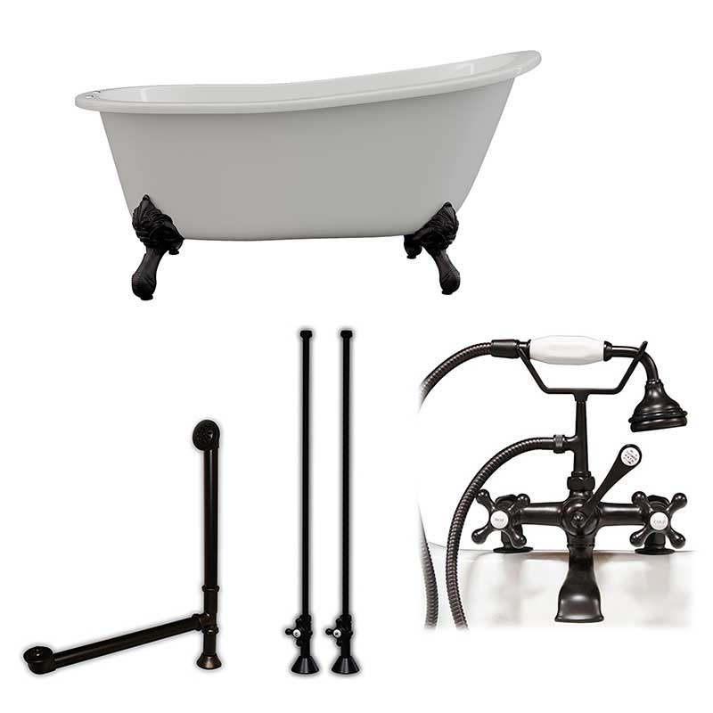 Cambridge Plumbing Cast Iron Slipper Clawfoot Tub 61" X 30" with 7" Deck Mount Faucet Drillings and Complete Oil Rubbed Bronze Plumbing Package