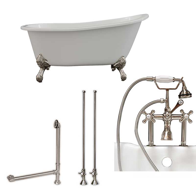 Cambridge Plumbing Cast Iron Slipper Clawfoot Tub 61" X 30" with 7" Deck Mount Faucet Drillings and British Telephone Style Faucet Complete Brushed Nickel Plumbing Package With Six Inch Deck Mount Risers