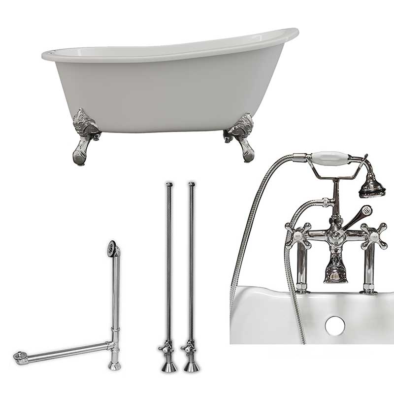 Cambridge Plumbing Cast Iron Slipper Clawfoot Tub 61" X 30" with 7" Deck Mount Faucet Drillings and British Telephone Style Faucet Complete Polished Chrome Plumbing Package With Six Inch Deck Mount Risers
