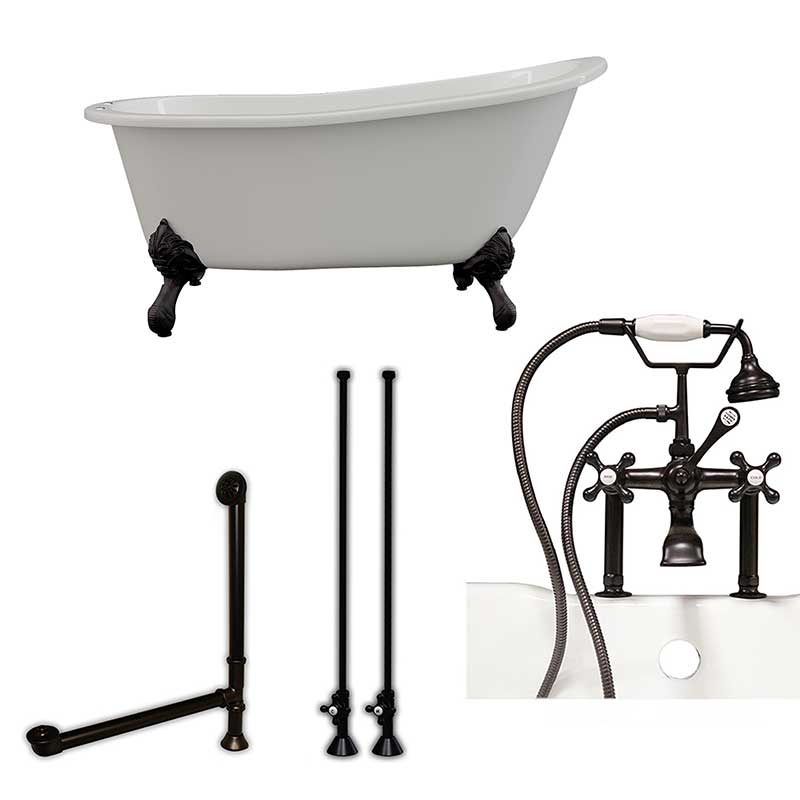 Cambridge Plumbing Cast Iron Slipper Clawfoot Tub 61" X 30" with 7" Deck Mount Faucet Drillings and British Telephone Style Faucet Complete Oil Rubbed Bronze Plumbing Package With Six Inch Deck Mount Risers