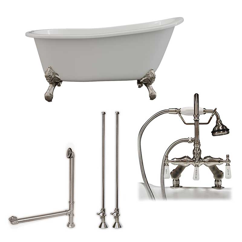 Cambridge Plumbing Cast Iron Slipper Clawfoot Tub 61" X 30" with 7" Deck Mount Faucet Drillings and English Telephone Style Faucet Complete Brushed Nickel Plumbing Package
