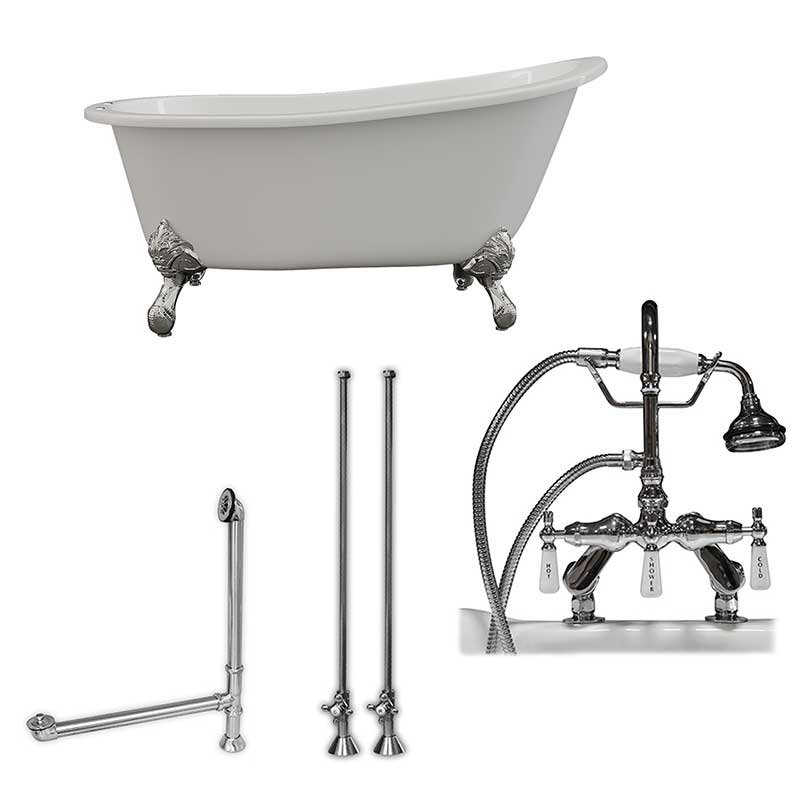 Cambridge Plumbing Cast Iron Slipper Clawfoot Tub 61" X 30" with 7" Deck Mount Faucet Drillings and English Telephone Style Faucet Complete Polished Chrome Plumbing Package