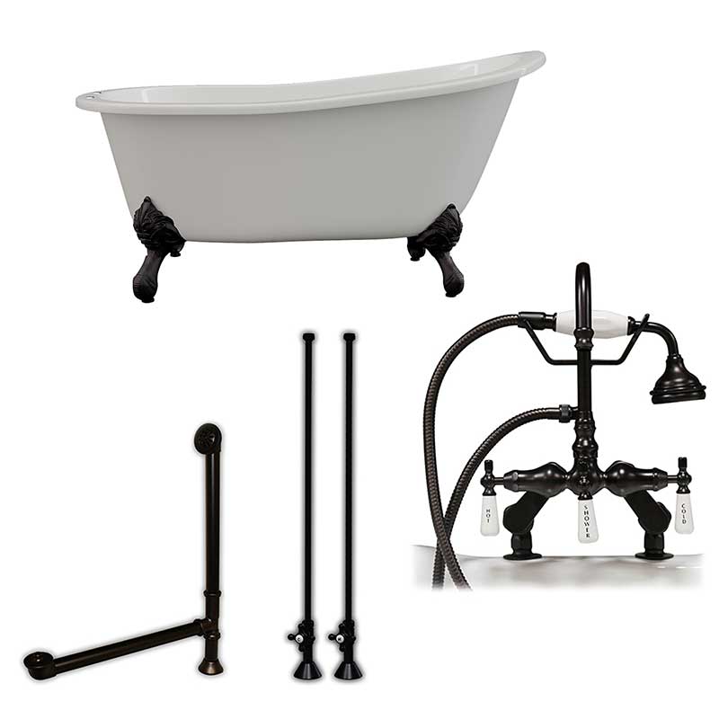 Cambridge Plumbing Cast Iron Slipper Clawfoot Tub 61" X 30" with 7" Deck Mount Faucet Drillings and English Telephone Style Faucet Complete Oil Rubbed Bronze Plumbing Package