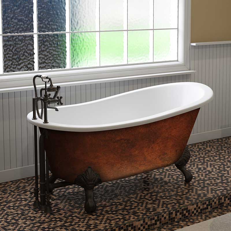 Cambridge Plumbing Cast IronClawfoot Bathtub 61" X 30" Faux Copper Bronze Finish on Exterior with 7" Deck Mount Faucet Drillings and Oil Rubbed Bronze Feet