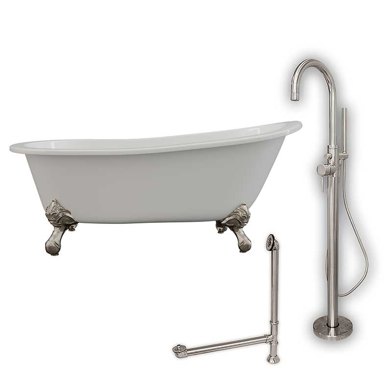 Cambridge Plumbing Cast Iron Slipper Clawfoot Tub 67" X 30" with no Faucet Drillings and Complete Brushed Nickel Modern Freestanding Tub Filler with Hand Held Shower Assembly Plumbing Package