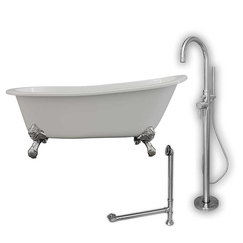 Cambridge Plumbing Cast Iron Slipper Clawfoot Tub 67" X 30" with no Faucet Drillings and Complete Polished Chrome Modern Freestanding Tub Filler with Hand Held Shower Assembly Plumbing Package