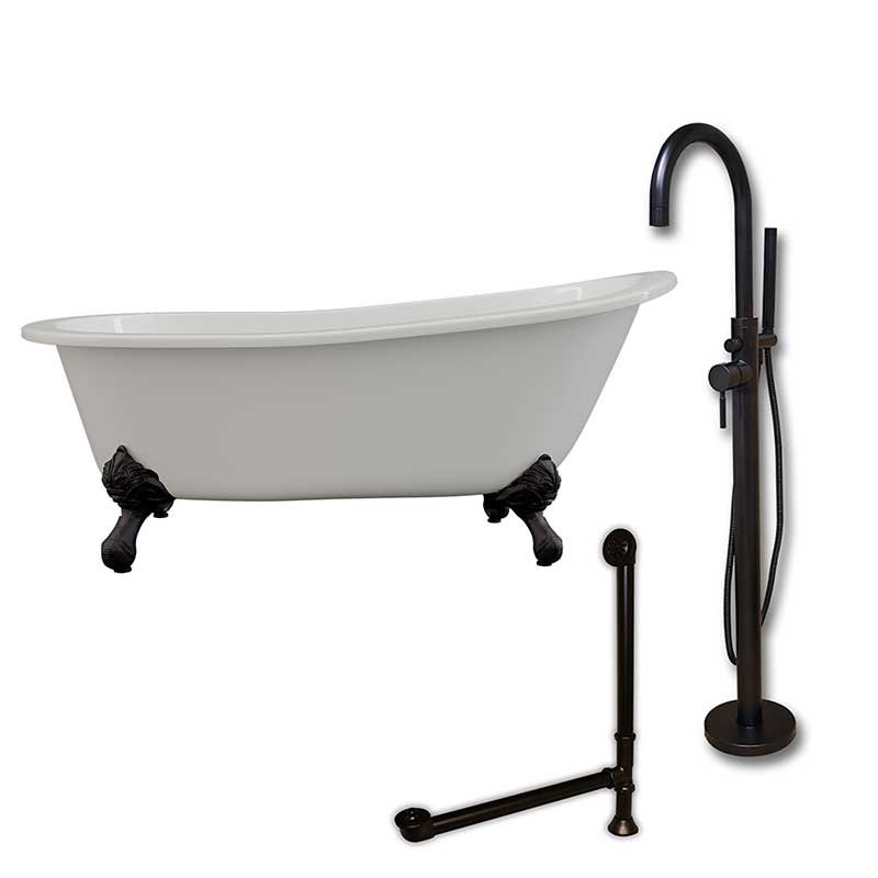 Cambridge Plumbing Cast Iron Slipper Clawfoot Tub 67" X 30" with no Faucet Drillings and Complete Oil Rubbed Bronze Modern Freestanding Tub Filler with Hand Held Shower Assembly Plumbing Package