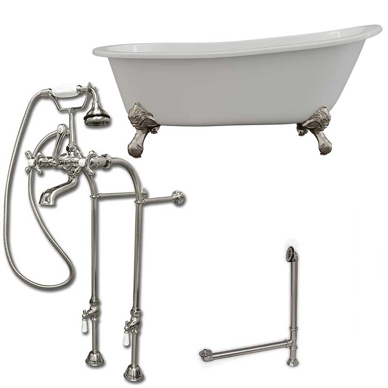 Cambridge Plumbing Cast Iron Slipper Clawfoot Tub 67" X 30" with No Faucet Drillings and Complete Free Standing British Telephone Faucet and Hand Held Shower Brushed Nickel Package