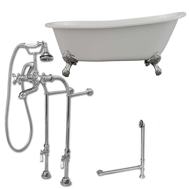 Cambridge Plumbing Cast Iron Slipper Clawfoot Tub 67" X 30" with No Faucet Drillings and Complete Free Standing British Telephone Faucet and Hand Held Shower Polished Chrome Package