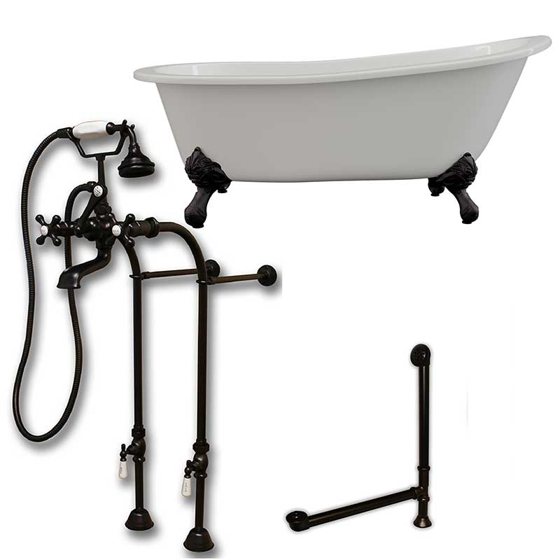 Cambridge Plumbing Cast Iron Slipper Clawfoot Tub 67" X 30"with No Faucet Drillings and Complete Free Standing British Telephone Faucet and Hand Held Shower Oil Rubbed Bronze Package