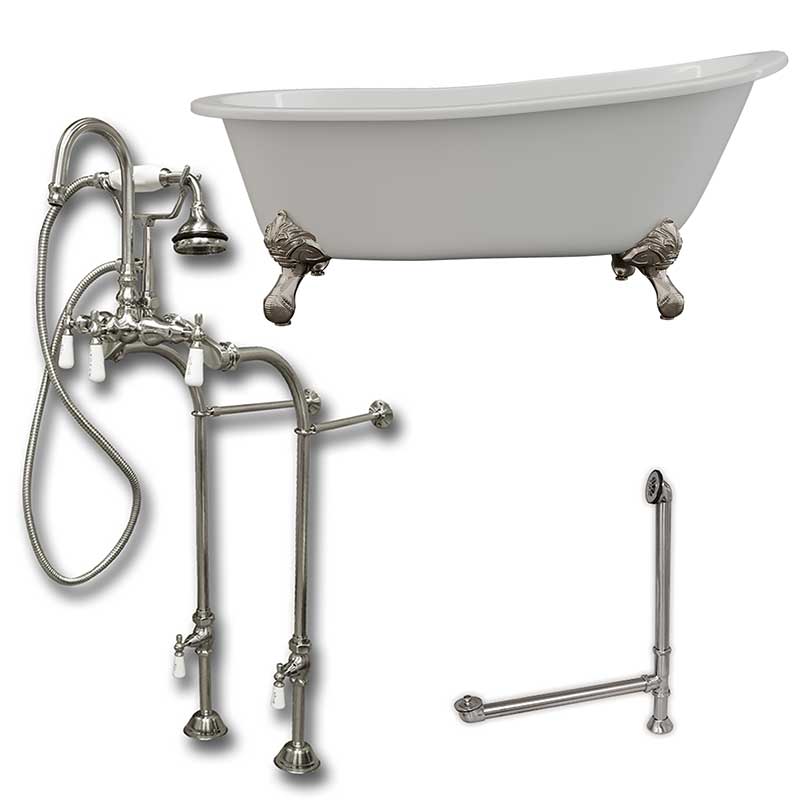 Cambridge Plumbing Cast Iron Slipper Clawfoot Tub 67" X 30" with no Faucet Drillings and Complete Brushed Nickel Free Standing English Telephone Style Faucet with Hand Held Shower Assembly Plumbing Package